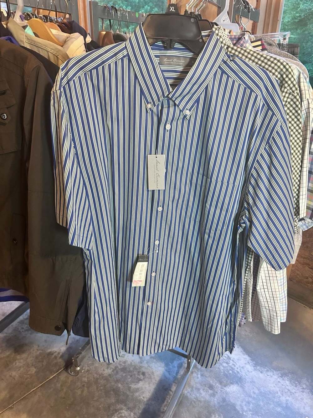 Daniel Cremieux Signature Collection Blue & Green Striped Short Sleeve Button Do